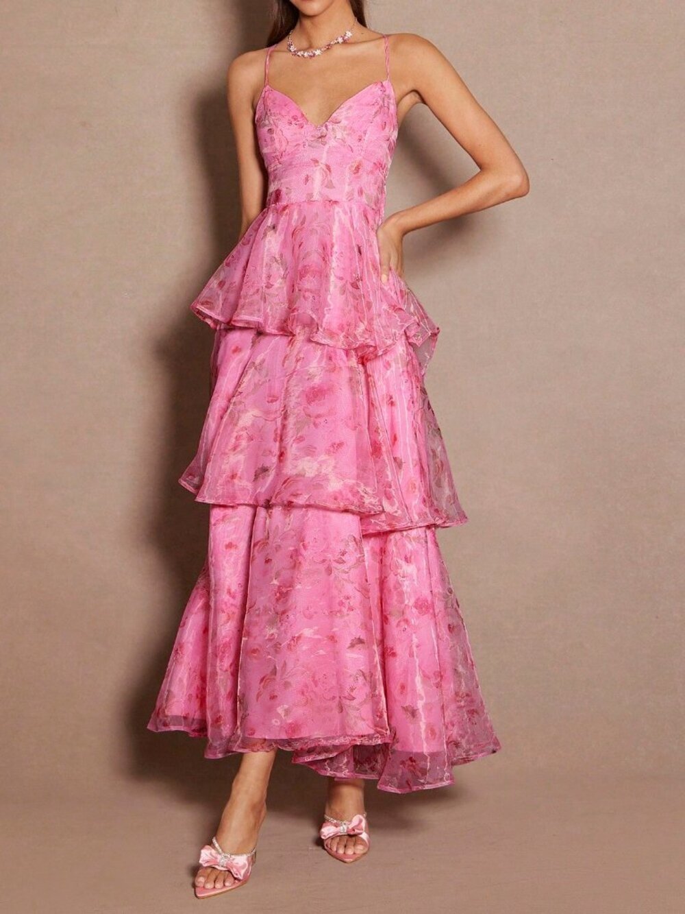 Pink Elegant Women's Floral Print Layered Ruffle Hem Spaghetti Strap Dress